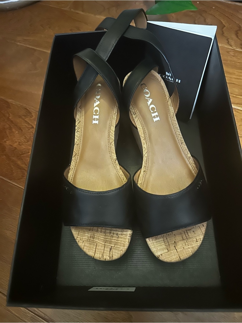 COACH Black Leather Cork Wedge Sandals with Crisscross Straps Size 7